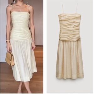 Zara Cream Midi Dress with Ruched Detail